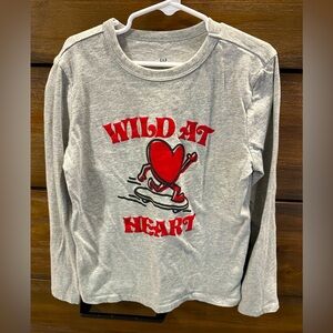 GAP Kids Long Sleeve Gray Tee with Red Heart Graphic